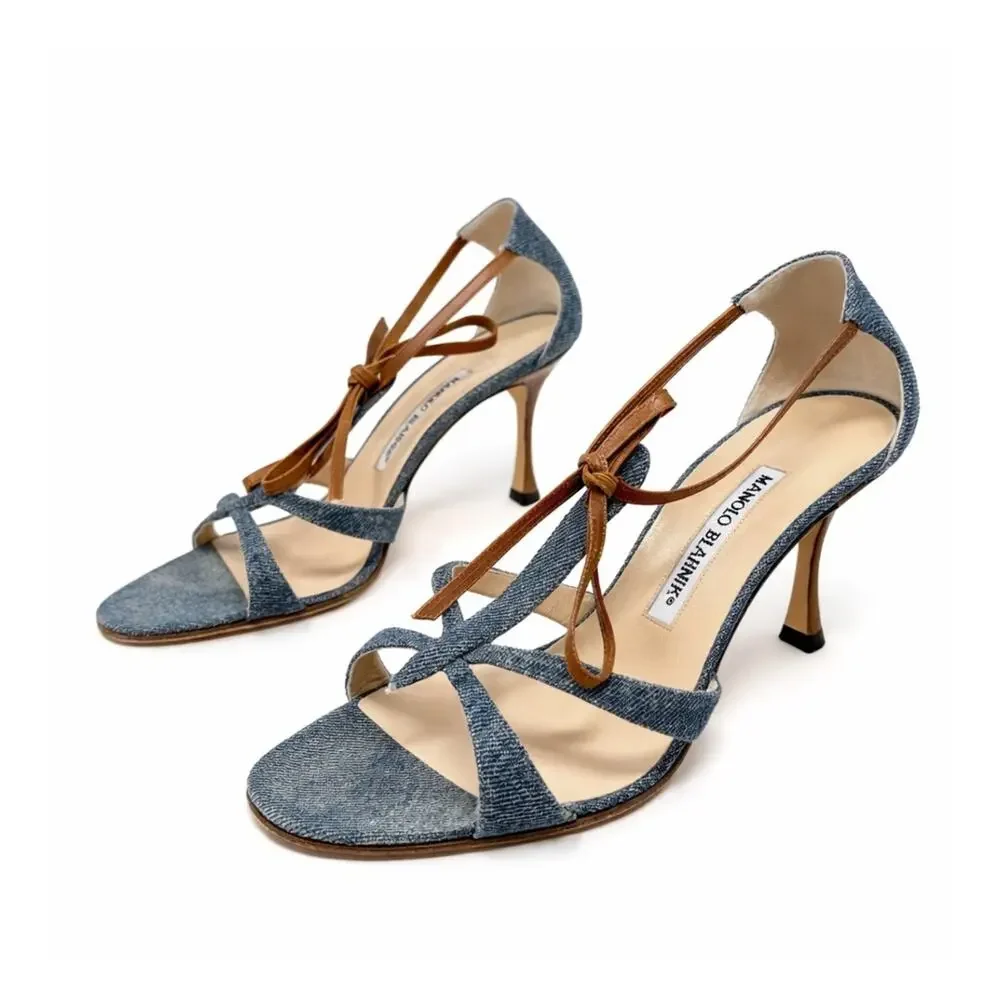 Manolo Blahnik Denim Strappy Sandals Heels Womens Size EU 38.5
